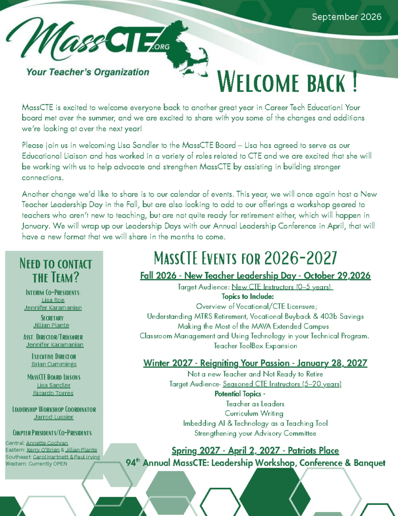 September 2026 – MassCTE Newsletter – WELCOME BACK!!